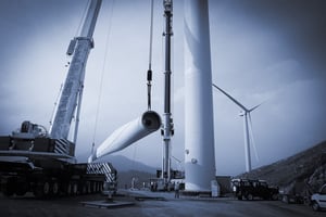 Mobile Crane lifting assembling a wind turbine