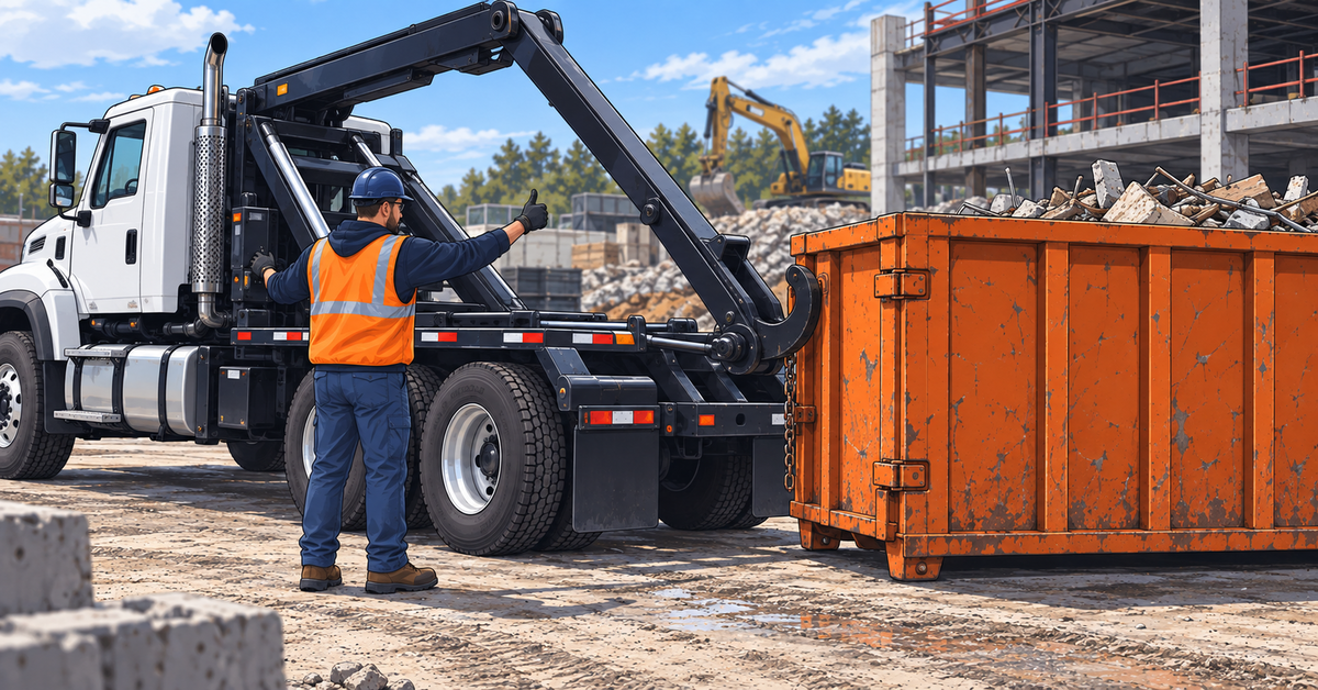 Illustration of a roll-off driver verifying a specific container during a pickup at a customer site.