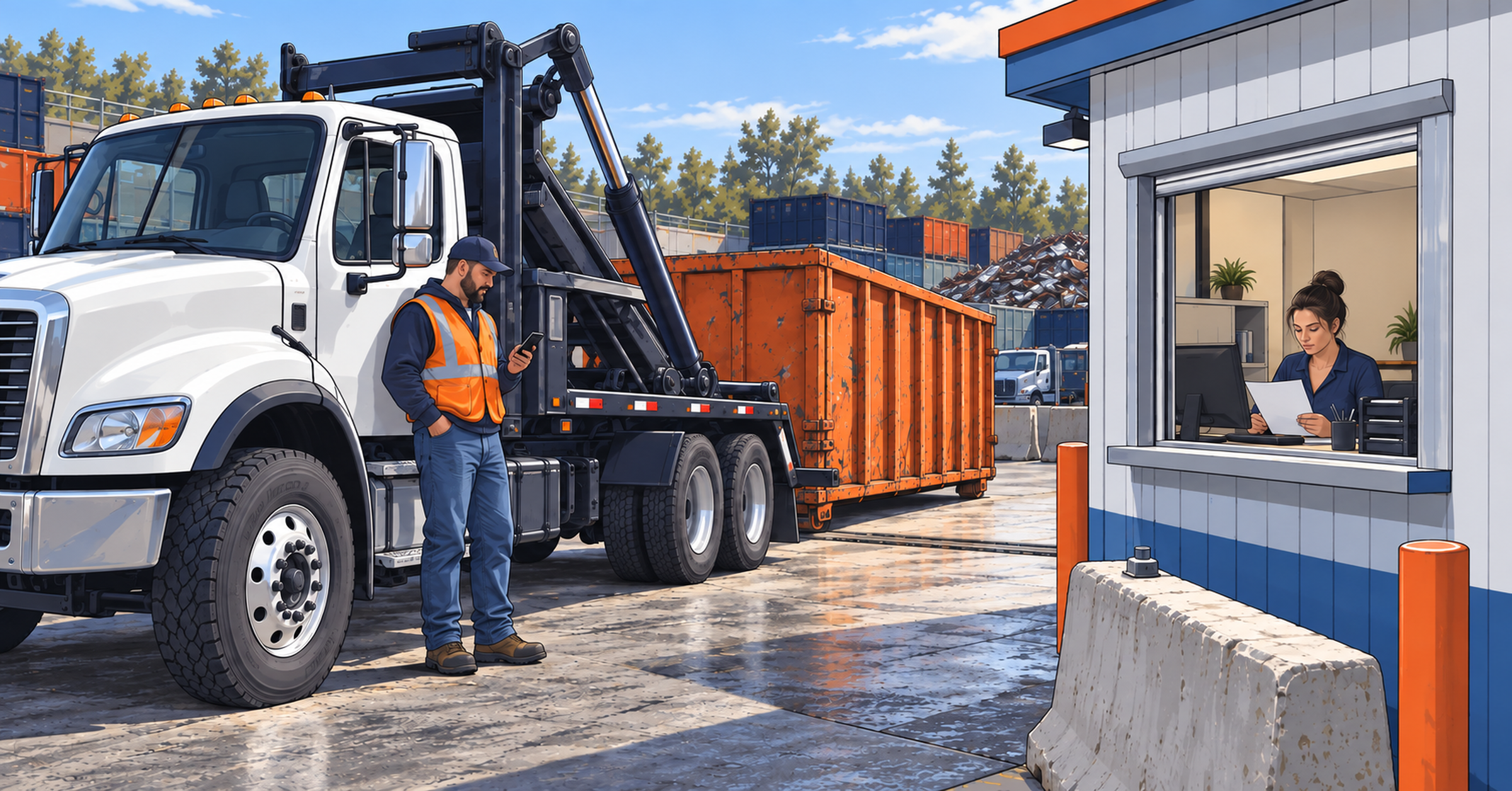 Illustration of a roll-off driver completing a field job while the office verifies the invoice handoff to accounting.