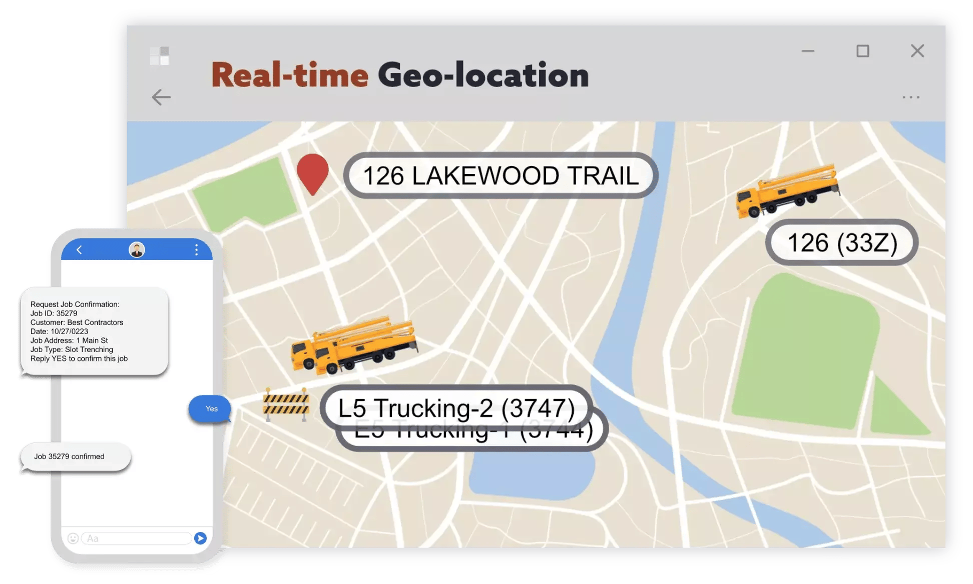 Truck locations displayed on a map, and job confirmation on a mobile device. 
