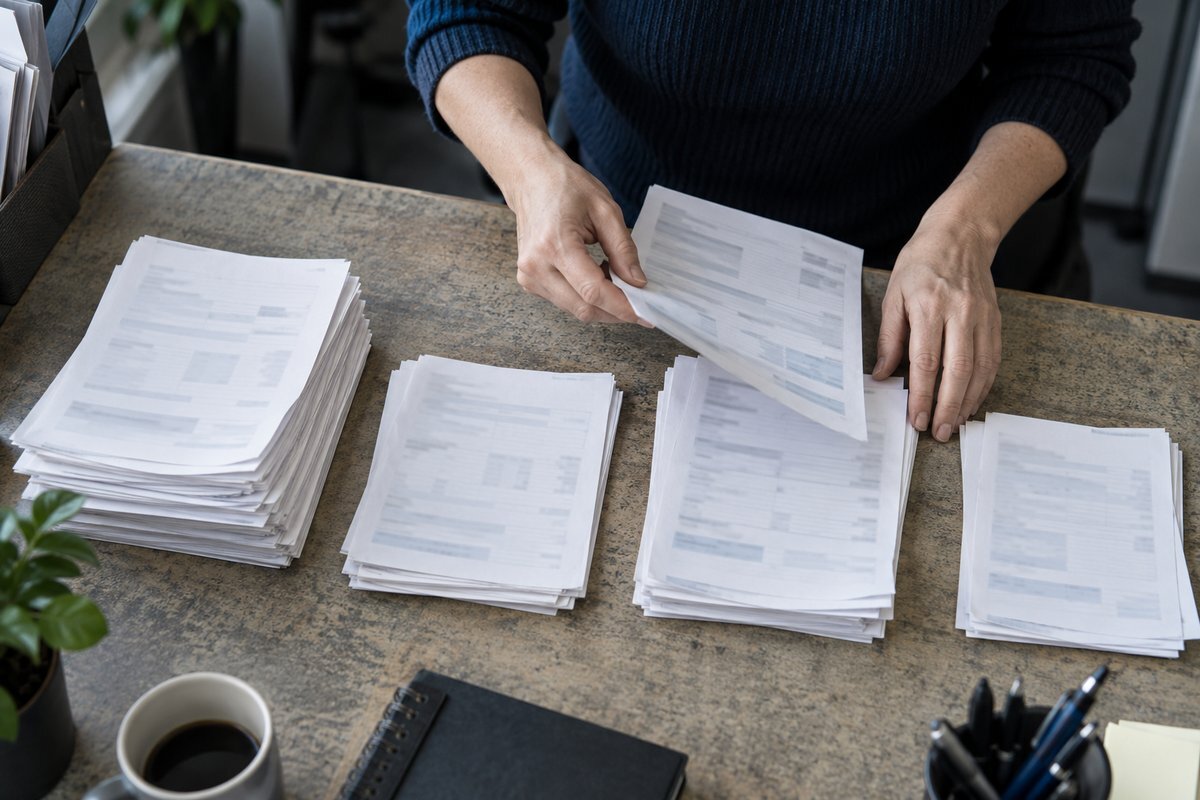 Billing admin's hands sorting a stack of paper statements into separate piles on an office desk.