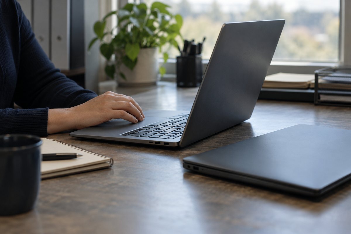Billing admin's hand resting on one open laptop beside a second, closed laptop on the same desk.