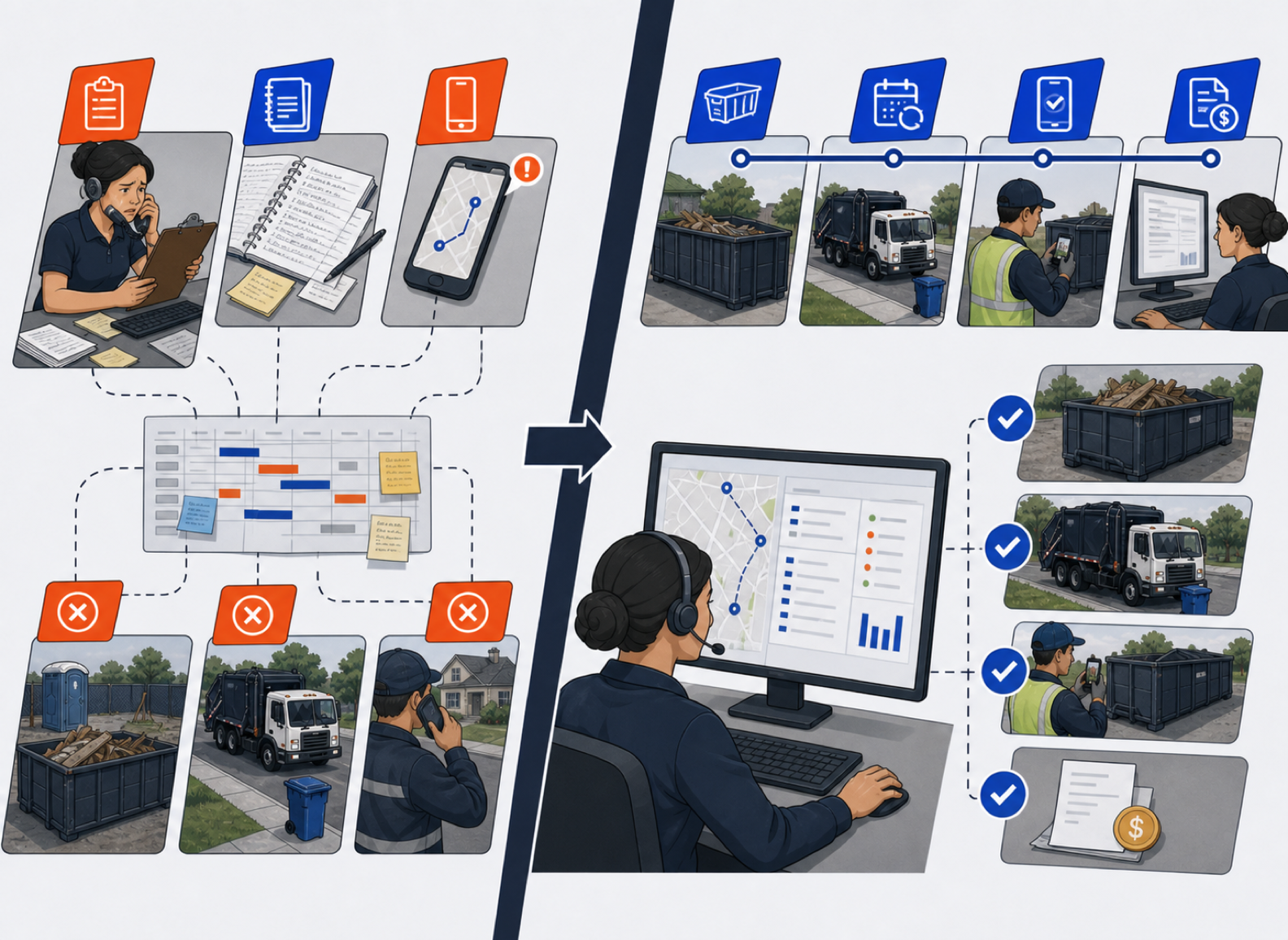 Comparison of disconnected general field service records with a connected waste-specialist workflow for assets, routes, field proof, and billing.