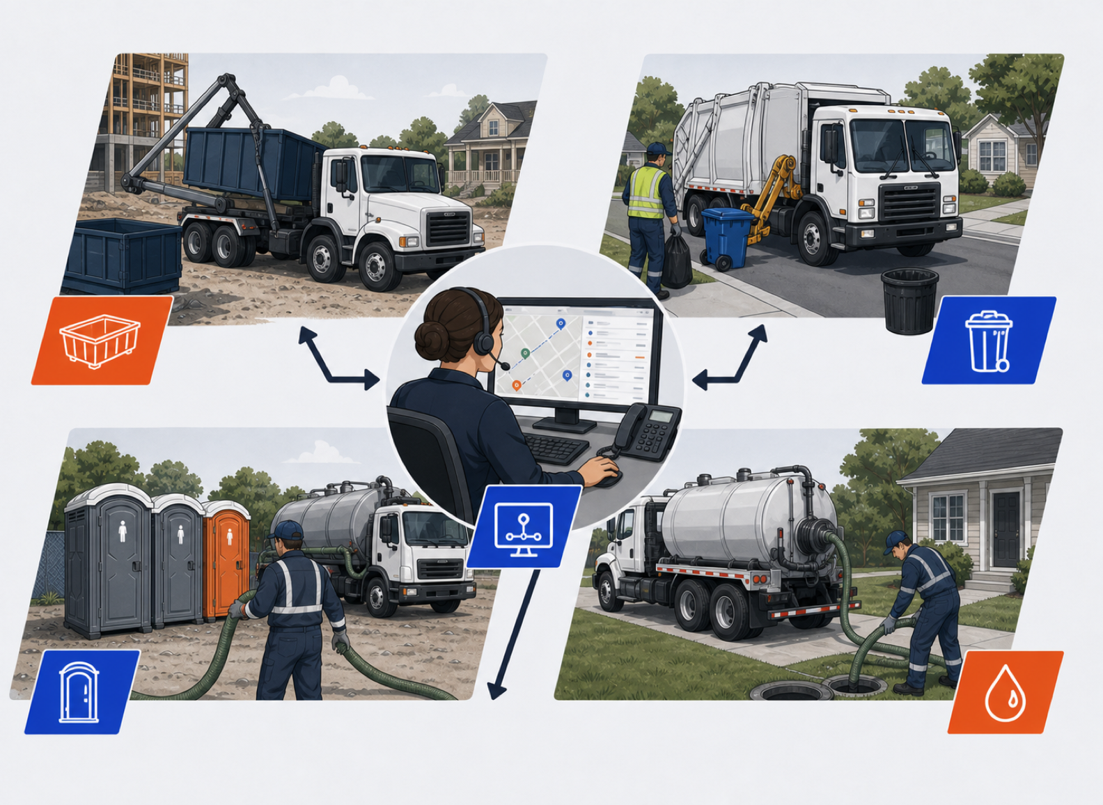 Multi-service waste operation connecting roll-off, solid waste, portable sanitation, and septic work through one dispatch record.