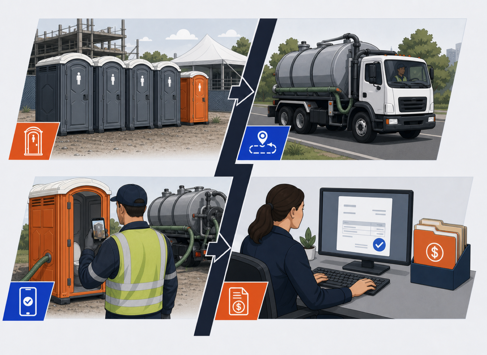 Four-stage portable sanitation workflow showing customer units, route dispatch, driver proof of service, and billing completion.
