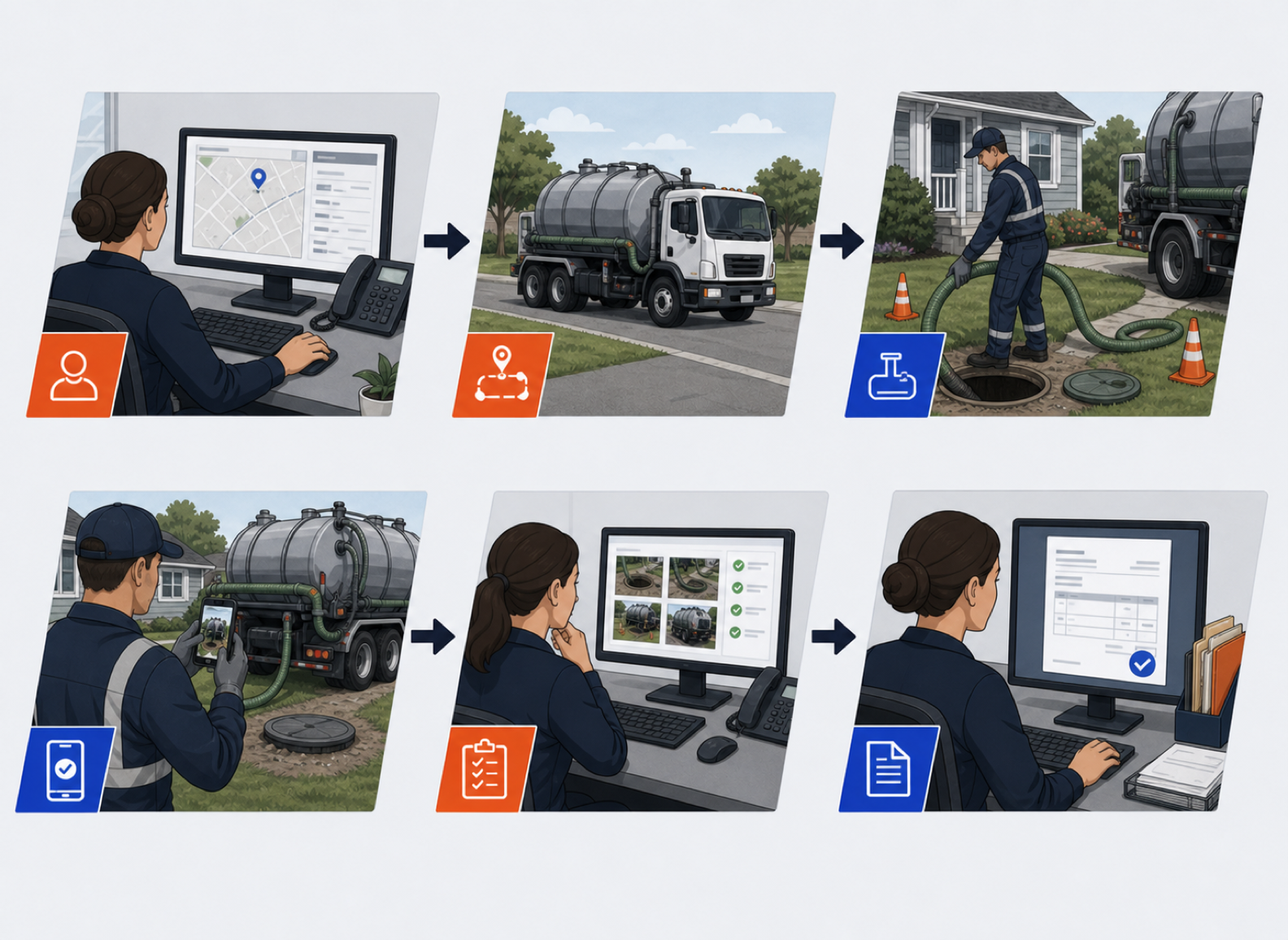 Six-stage septic workflow from dispatch and pump-out through field proof, office review, and invoice completion.