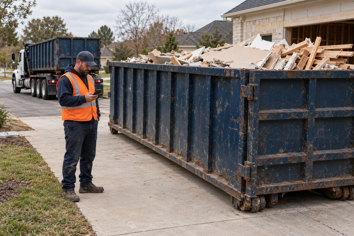 Roll-off driver standing beside a full 30-yard container at a home remodel site, reading his phone before the swap.