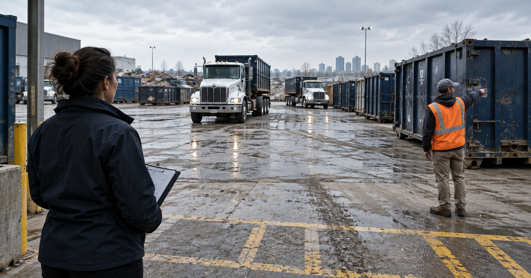 Dispatcher and field worker coordinating roll-off trucks in a container yard