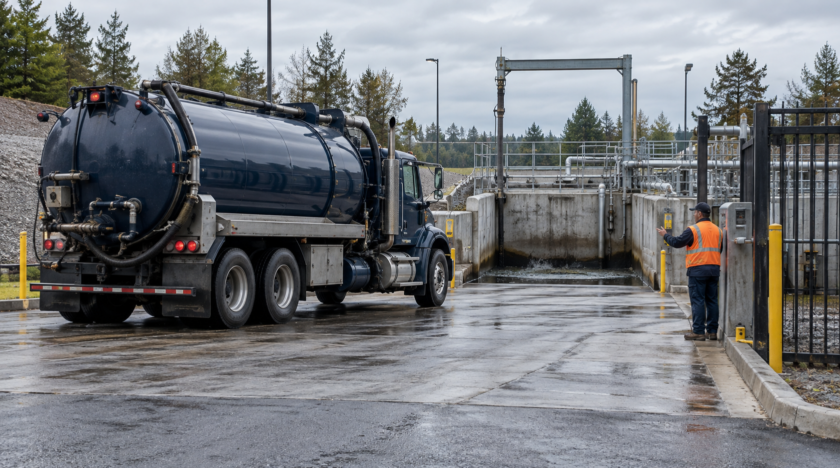 Field operator beside septic pump truck and verified receiving bay before unload.