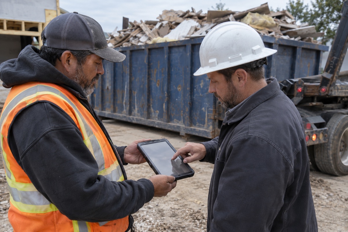 Driver holding out a tablet for a site supervisor to sign beside an overfilled roll-off container.