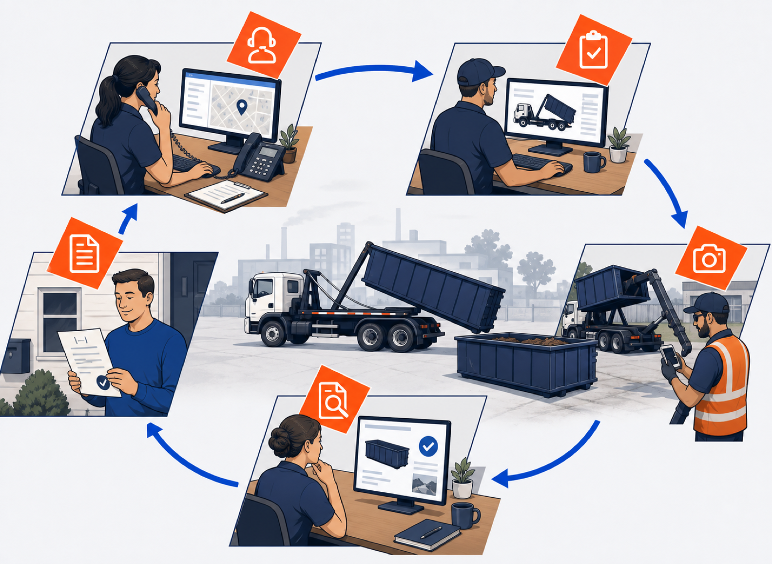 Five-stage roll-off software evaluation workflow from customer request through dispatch, driver work, container control, and billing