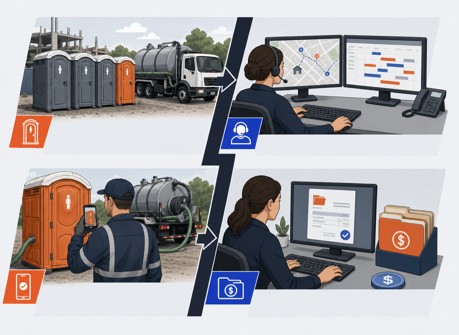 Four-stage illustration showing a portable sanitation job moving from site and dispatch to field proof and billing.