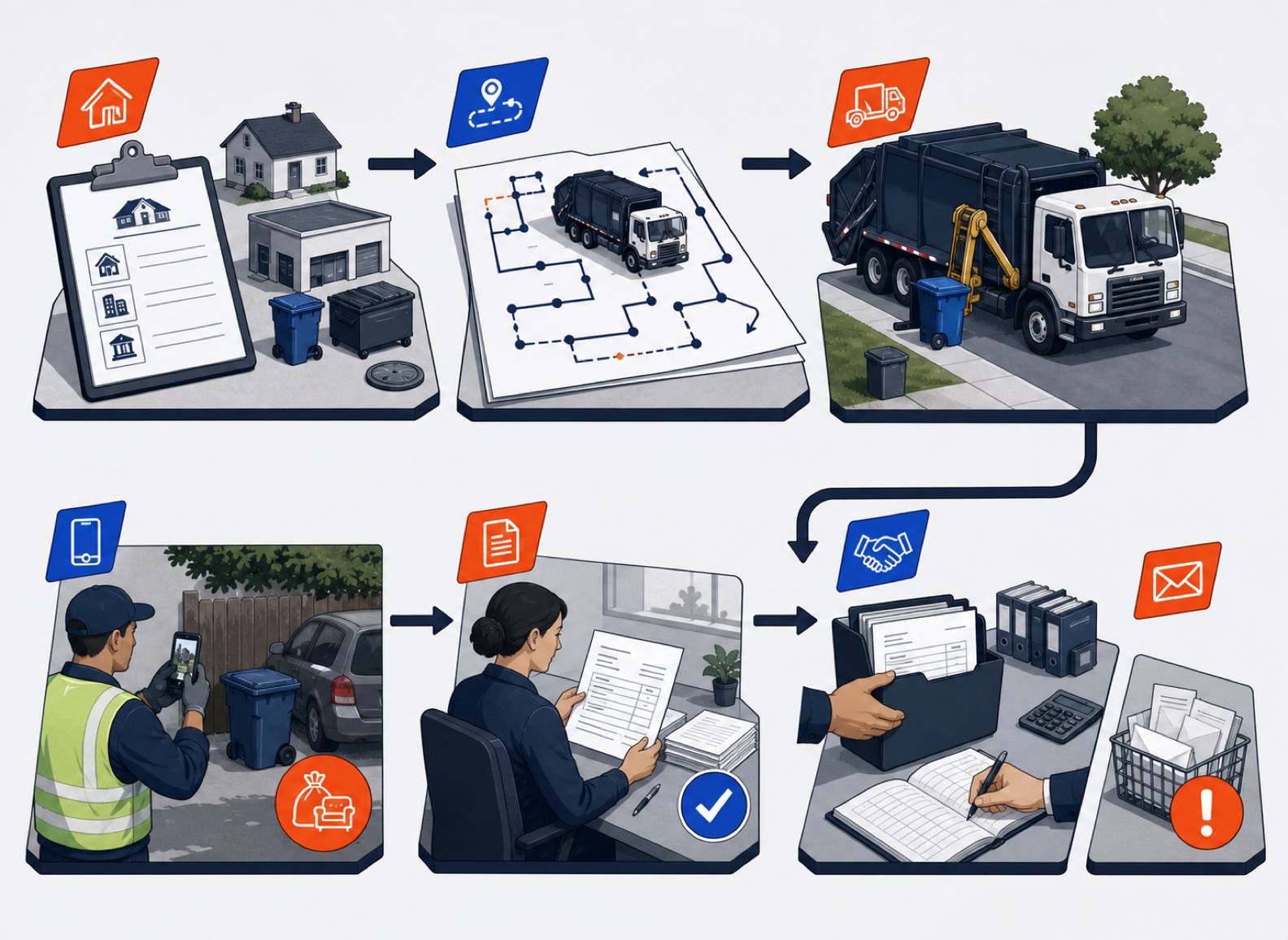 Illustrated recurring waste account process from service setup and route planning through field proof, invoice review, accounting handoff, and collections follow-up