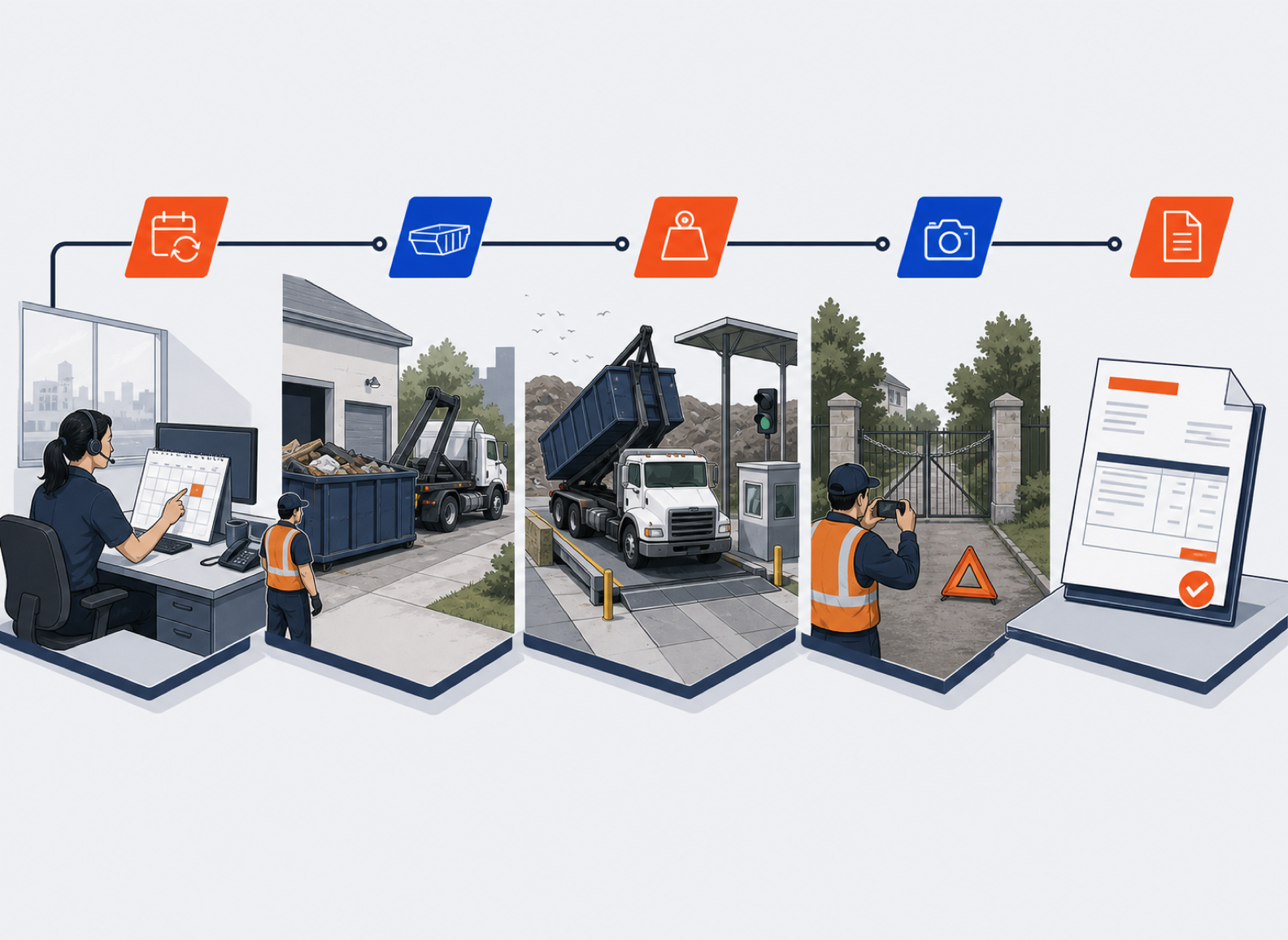 Illustrated waste-service record chain from recurring route scheduling through container service, disposal, a blocked-stop exception, and invoicing