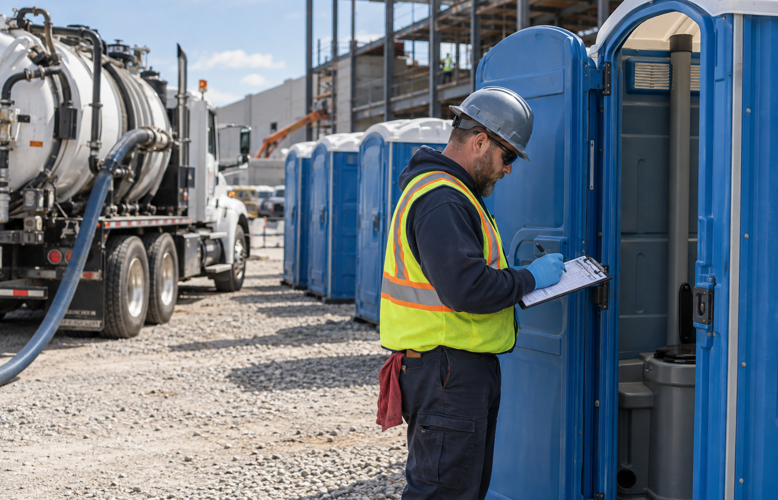 Portable sanitation route operator servicing a unit at a jobsite with additional units and a service vehicle nearby