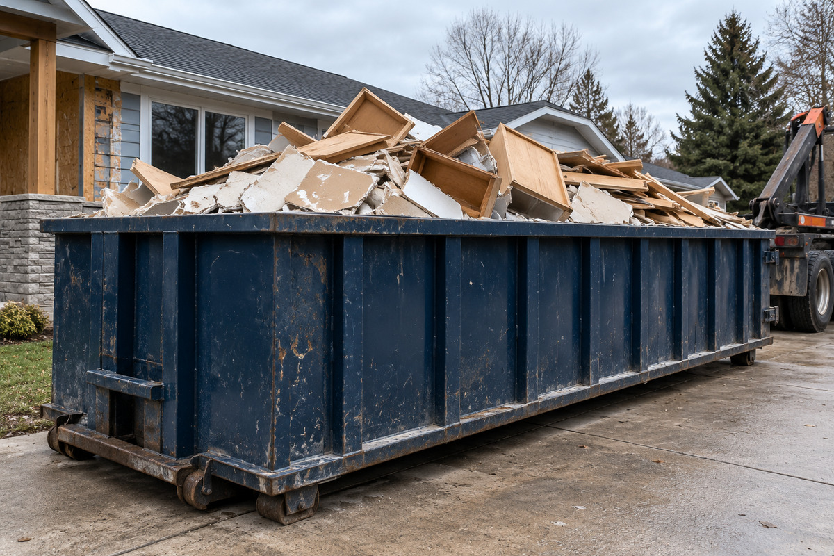 Roll-off container at a residential remodel with drywall, cabinet pieces and lumber mounded above the rim, and a roll-off truck arm at the edge of the frame.