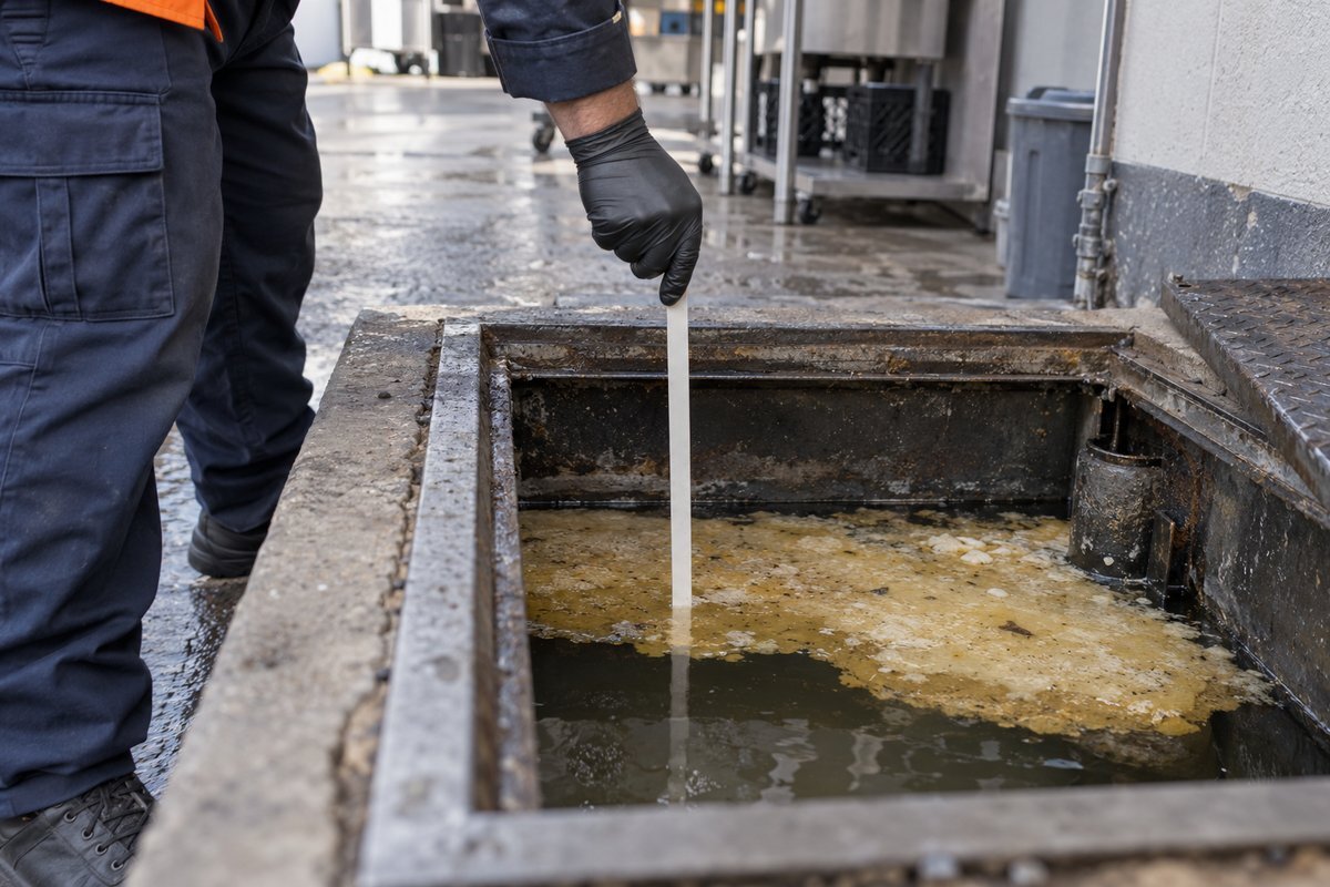 Driver measuring grease and solids depth in an open restaurant grease trap before pumping.
