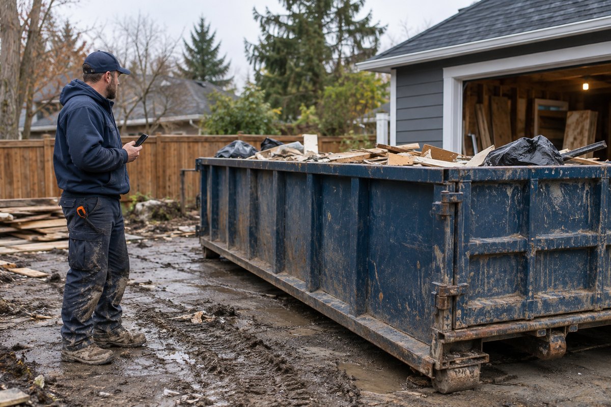 Roll-off driver standing beside a 20-yard container at a construction site, checking its placement on a phone.
