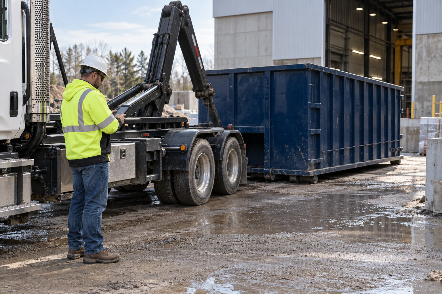 Driver recording a roll-off swap result beside a parked truck and container