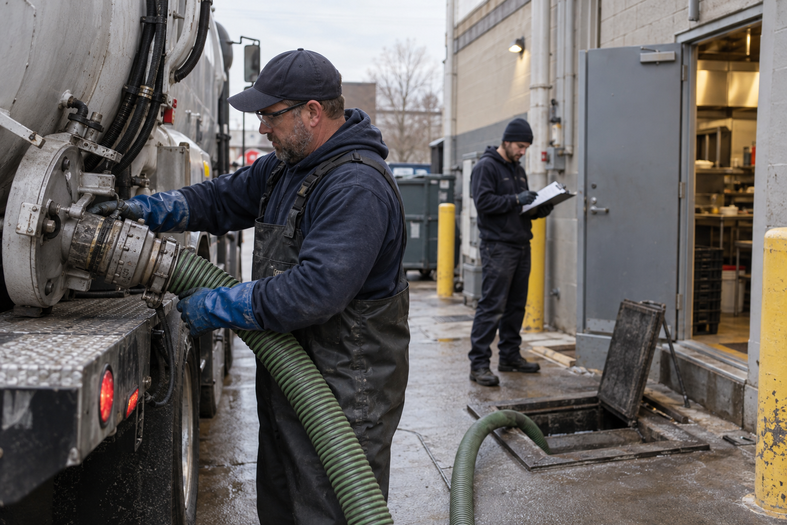 Technician handles a vacuum-truck hose in a commercial service alley while a colleague checks a service record.