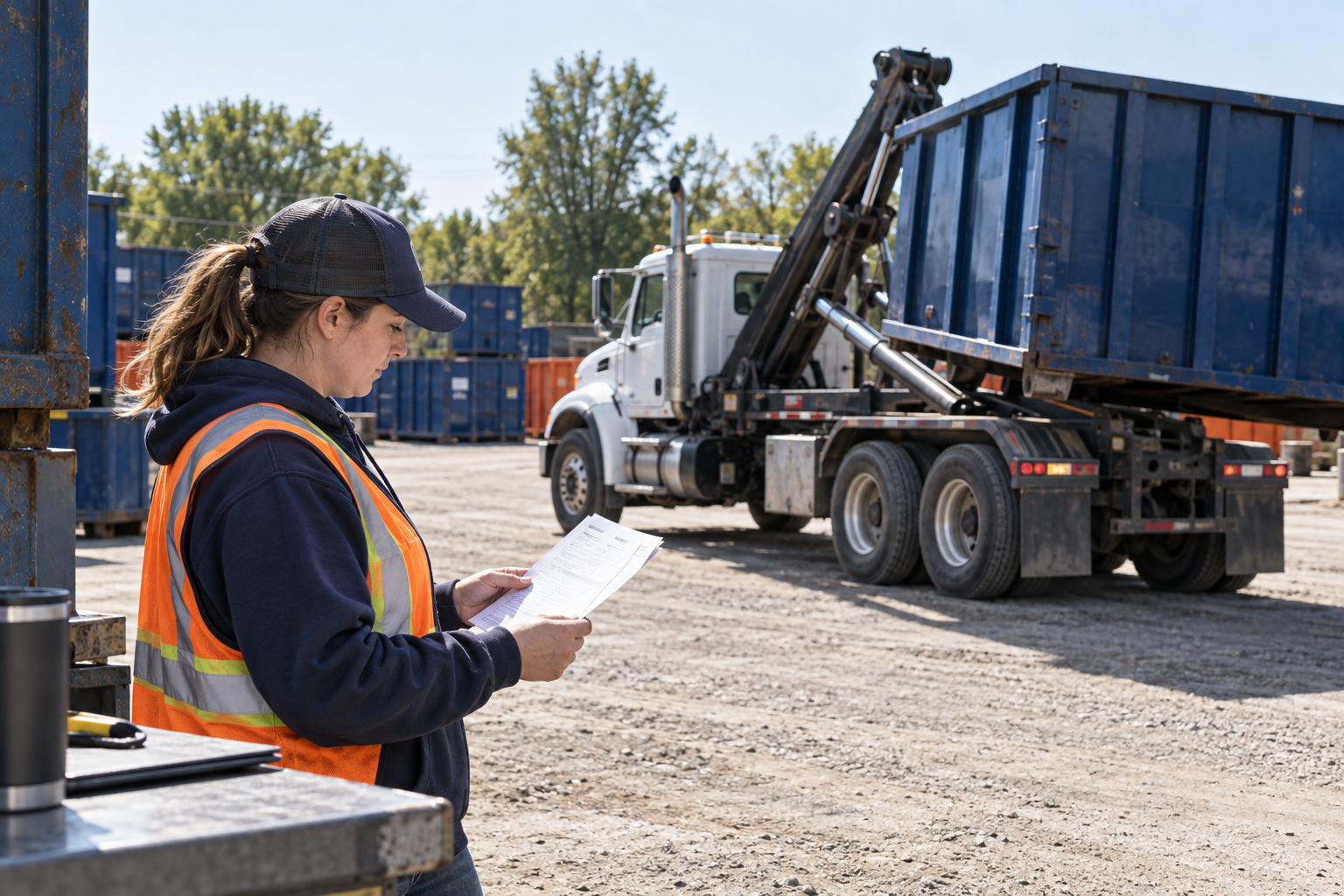 Yard employee checking a delivery record beside a hook-lift truck and container