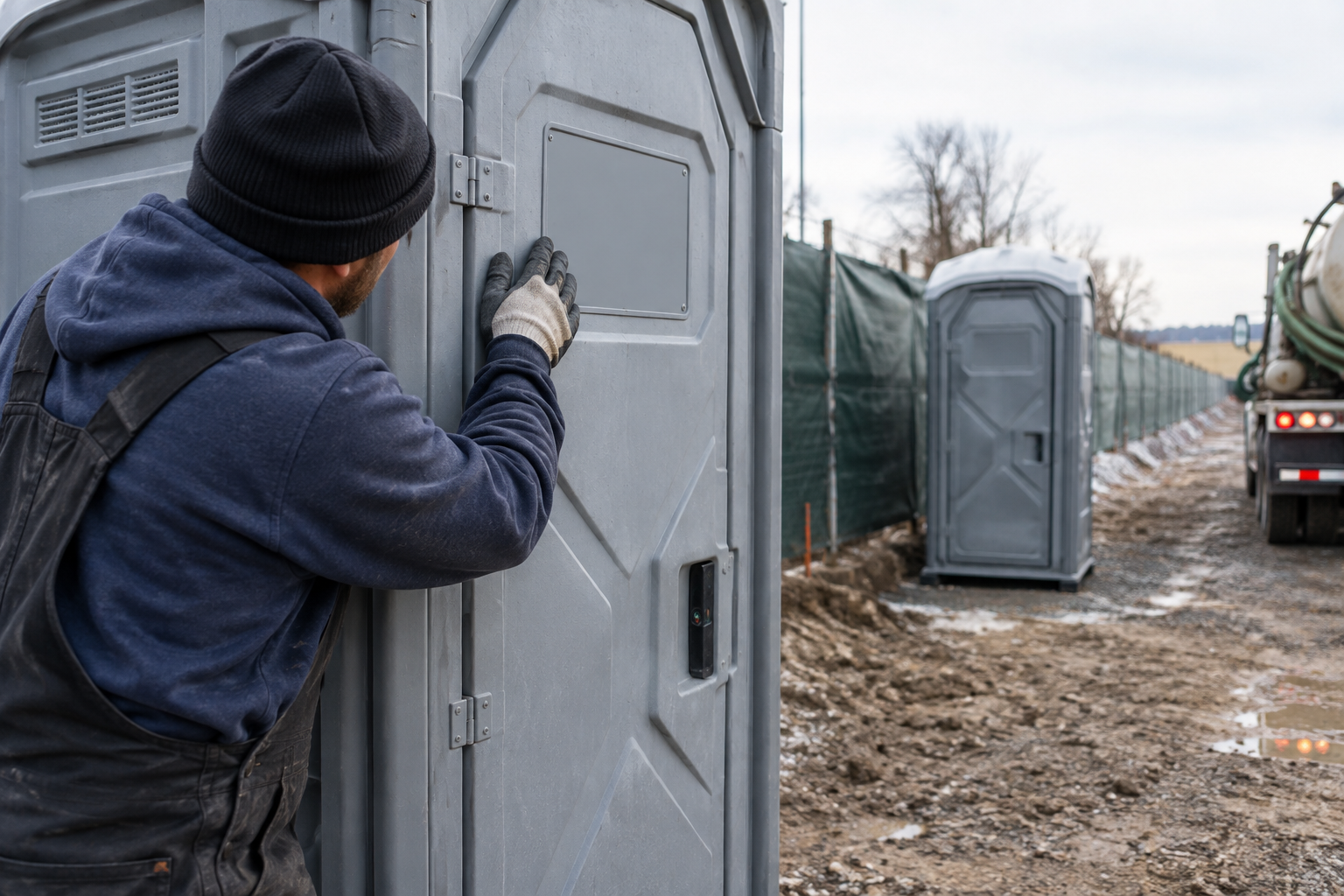 Technician checks a portable restroom unit with another unit visible farther along a construction-site fence.