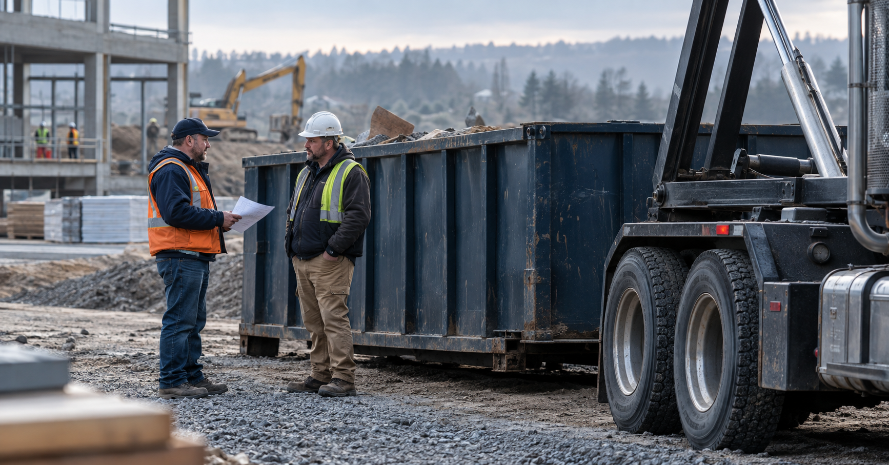 Outside hauler and site supervisor beside a roll-off container at a construction site