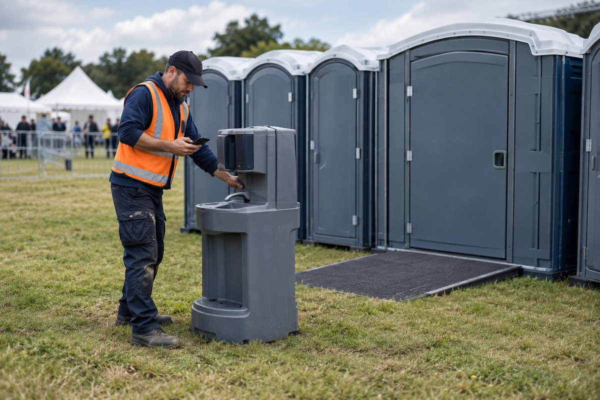 Driver setting a portable handwash station beside a row of portable restrooms at an outdoor event site, holding a phone.