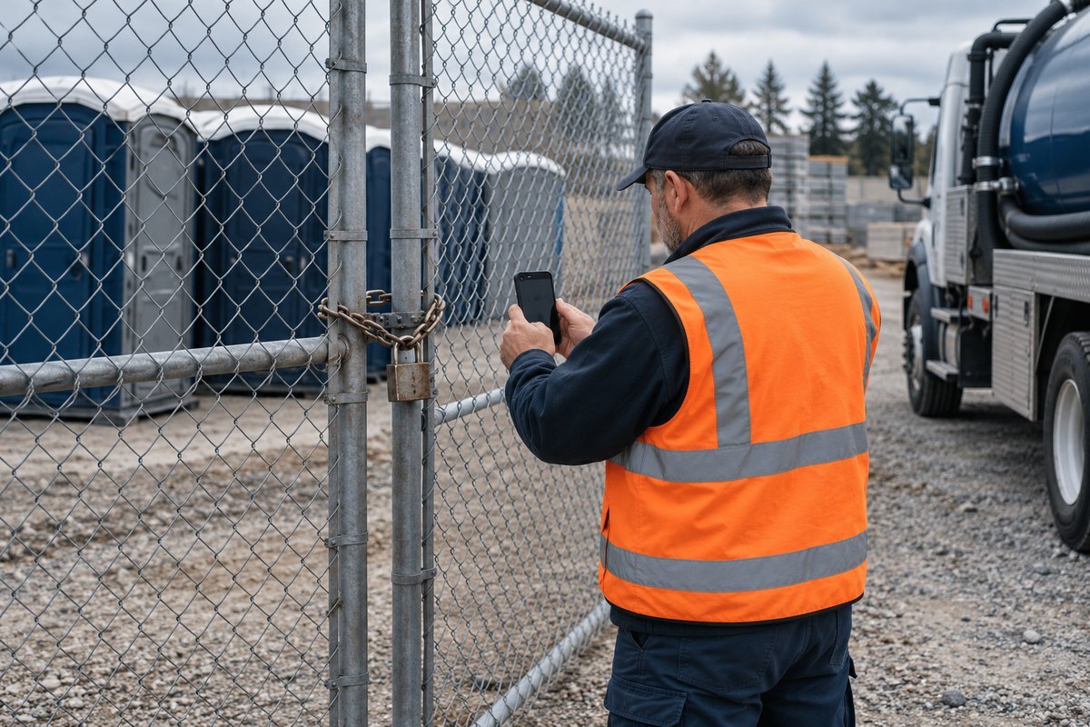 Driver photographing a padlocked chain-link gate at a job site with portable restrooms visible beyond the fence.