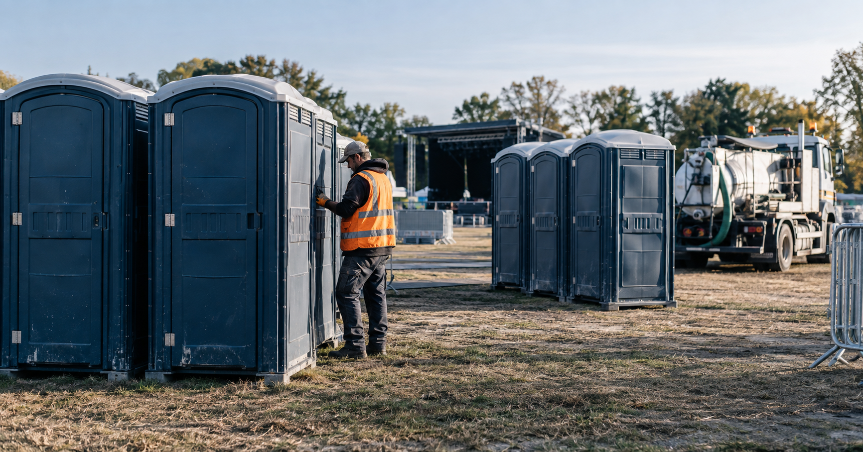 Field worker checking portable restroom units during event teardown