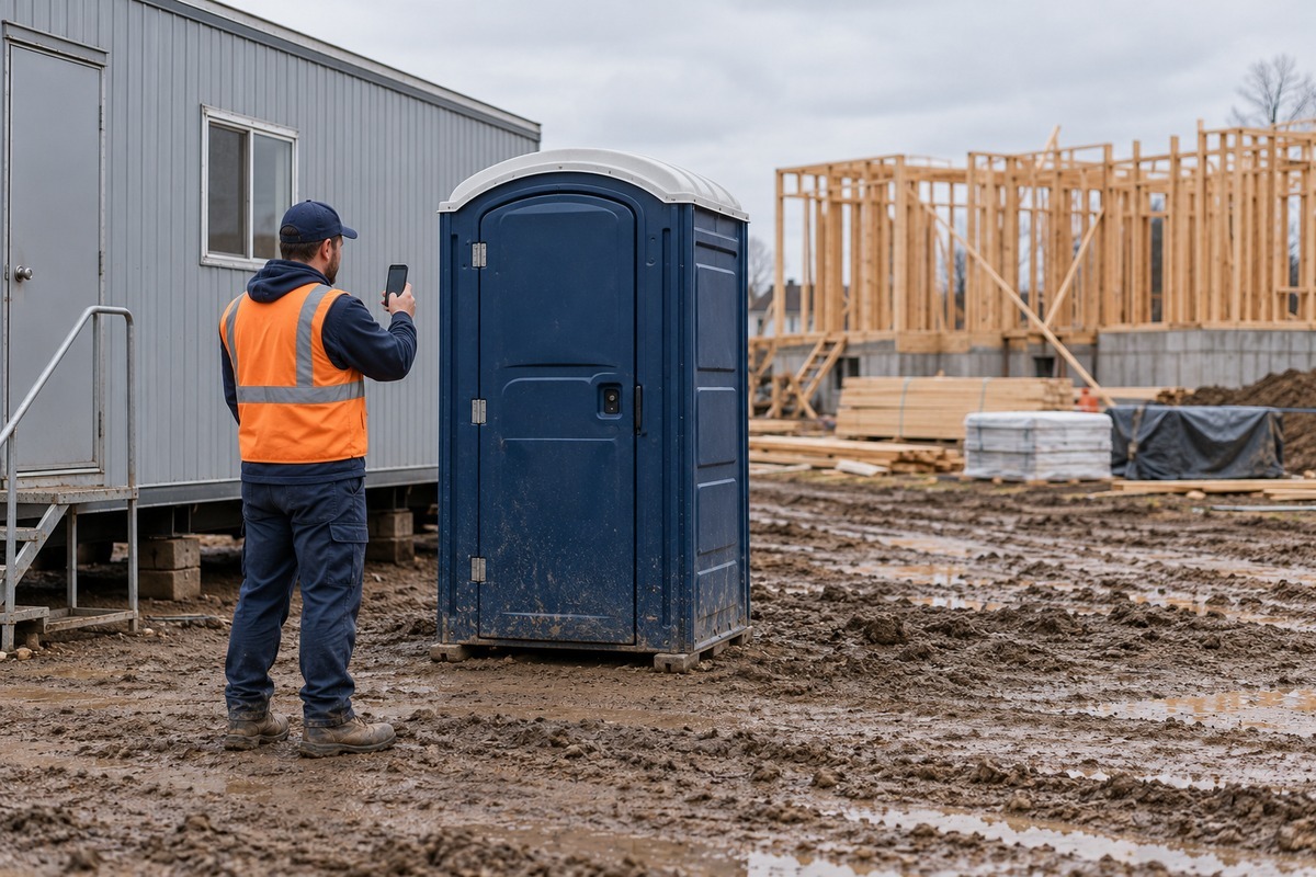 Driver in an orange safety vest standing beside a single portable toilet in the mud of a construction site, photographing it with his phone, with a site trailer and wood framing behind.