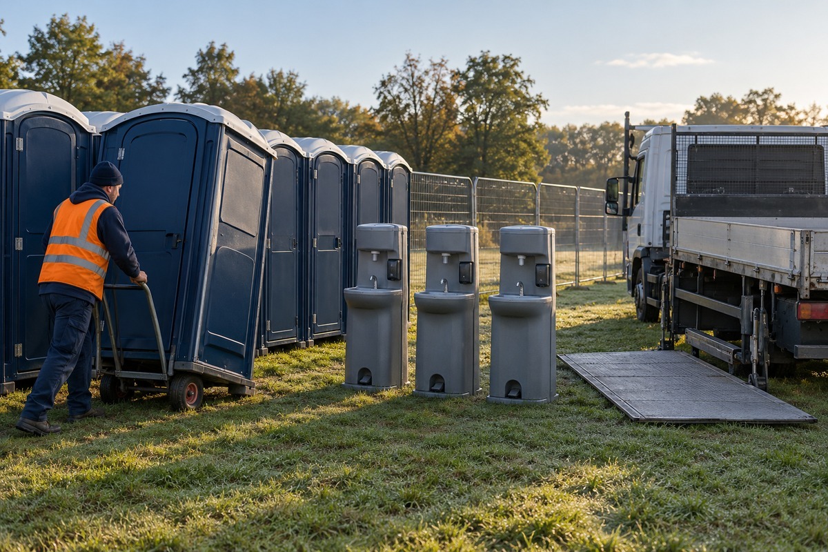 Driver wheeling a portable toilet on a hand truck beside a row of portable toilets and three handwash stations on a frosty event field, with a flatbed truck and ramp at right.