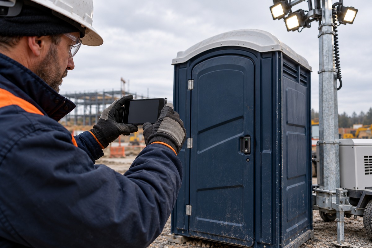 Close view of a worker in a hard hat holding a phone in gloved hands beside a portable toilet, with a site light tower behind.