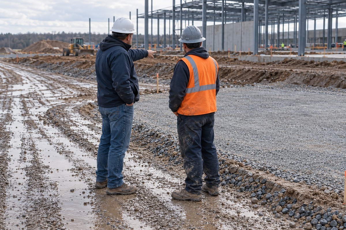 Site superintendent and portable restroom driver standing by a haul road on a large construction site, pointing to a level spot for a cluster of units.