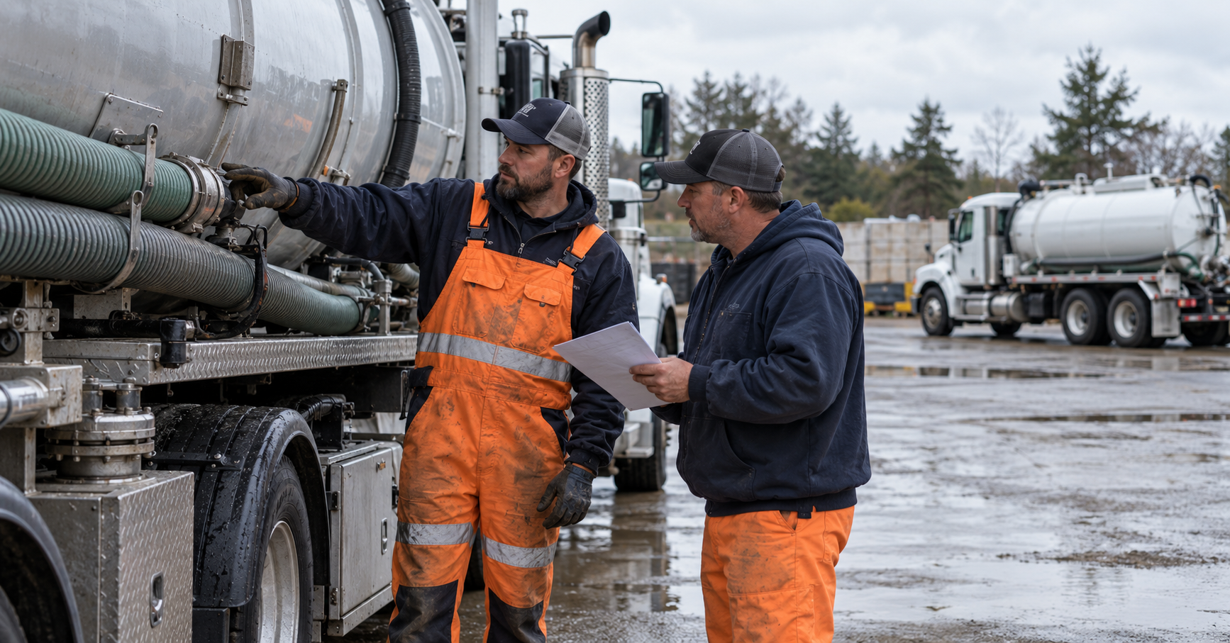 Septic vacuum truck and driver at a receiving facility entrance