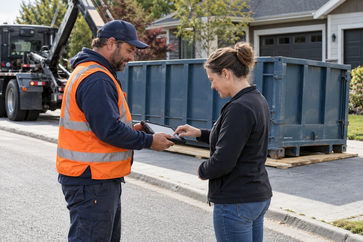 Roll-off driver in an orange safety vest holding out a tablet for a homeowner to sign at the curb, with a freshly delivered roll-off container behind them.
