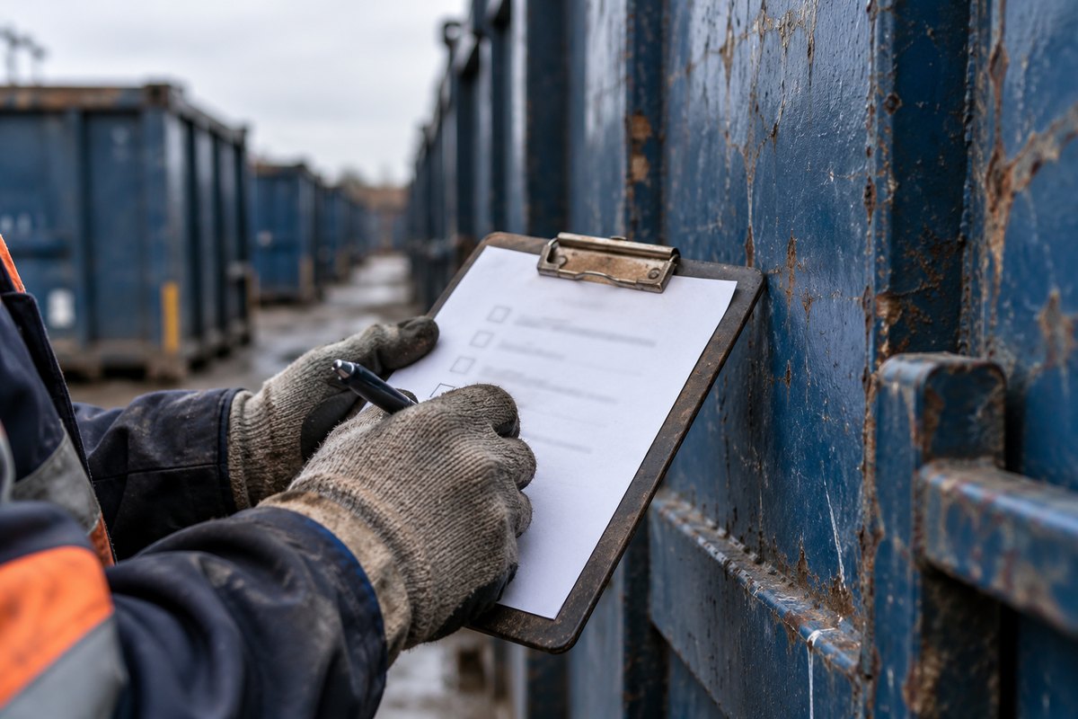 Close-up of a gloved hand ticking a paper checklist on a clipboard held against the side of a roll-off container in a yard.