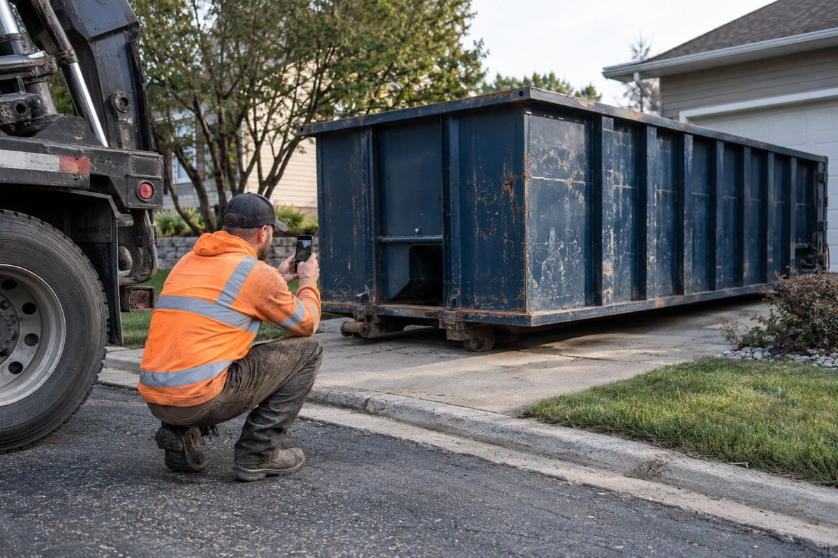 Driver photographing a roll-off container at the curb before leaving the site.