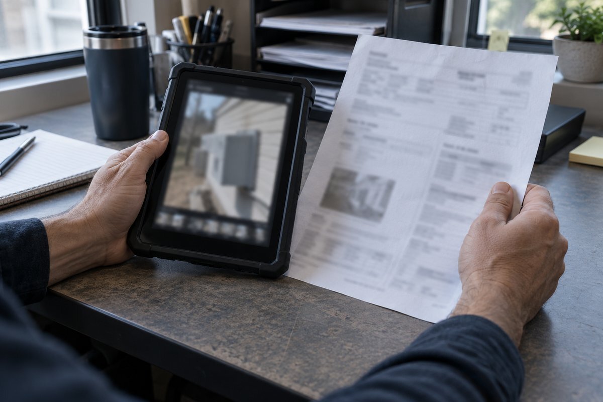 Close-up of a dispatcher's hands comparing a container photo on a tablet with a paper job ticket.