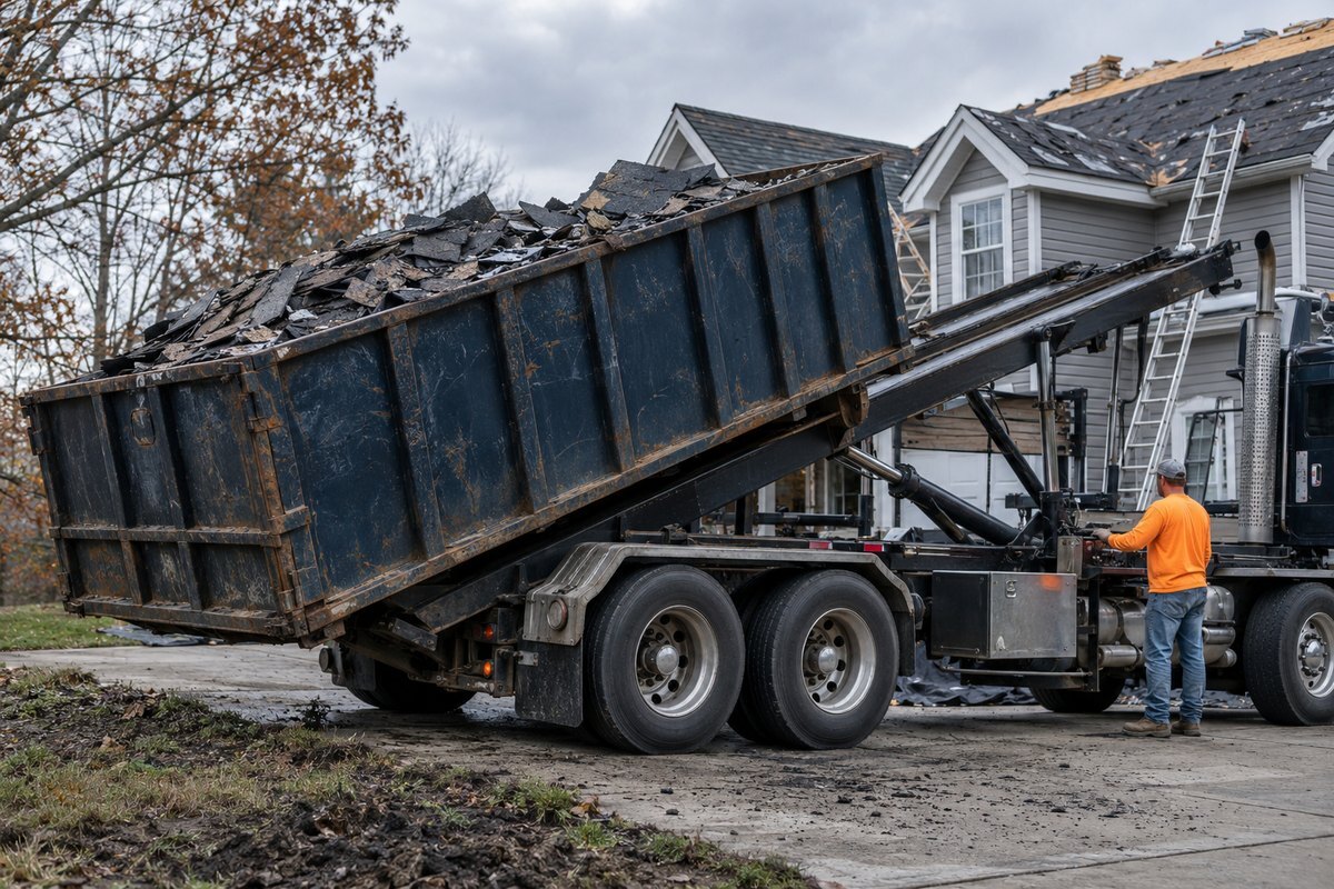 Driver operating the hoist controls as a loaded 30-yard roll-off container of torn-off roofing shingles is winched onto his truck at a house re-roof.