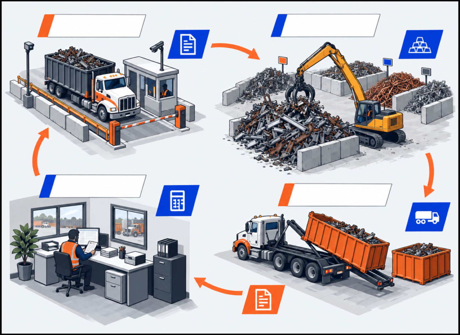 Scrap metal ERP data loop connecting hauling dispatch and container events with yard scale tickets, inventory, accounting, and management controls
